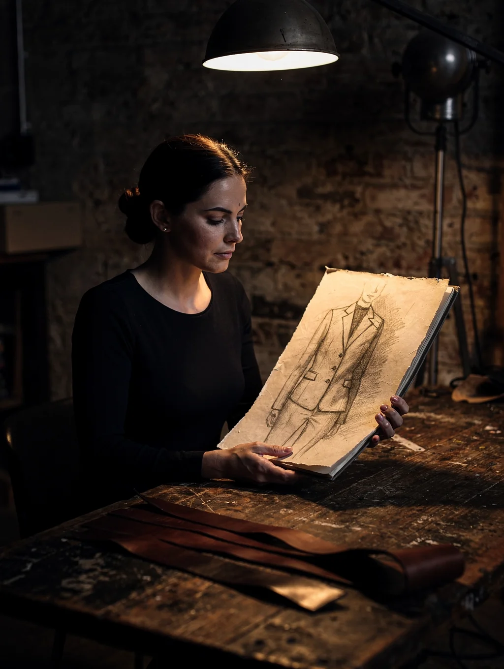 Portrait of Elena Vance, design lead, reviewing digital blueprints