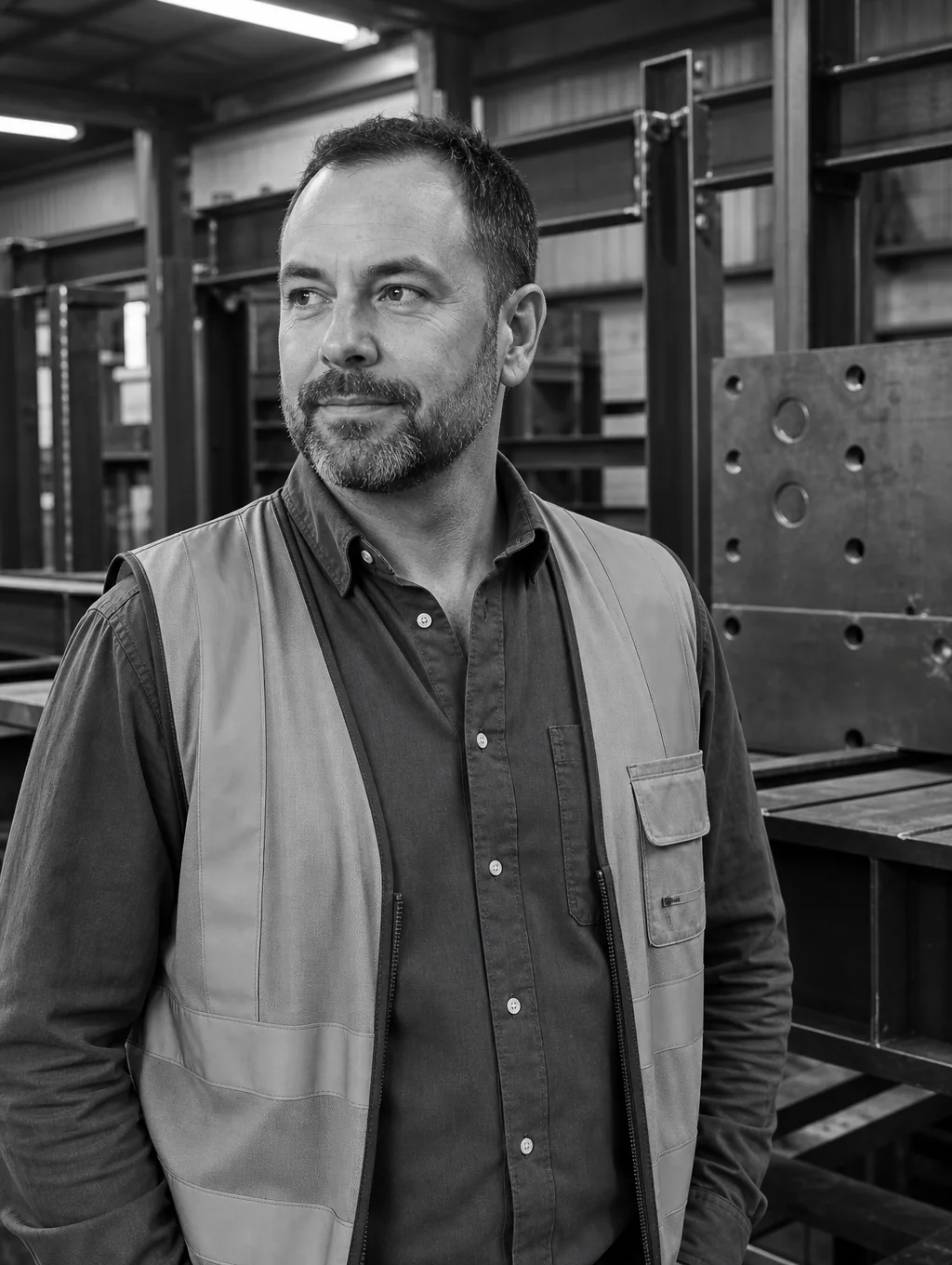 Portrait of Marcus Thorne, lead technician, in a clean workshop setting