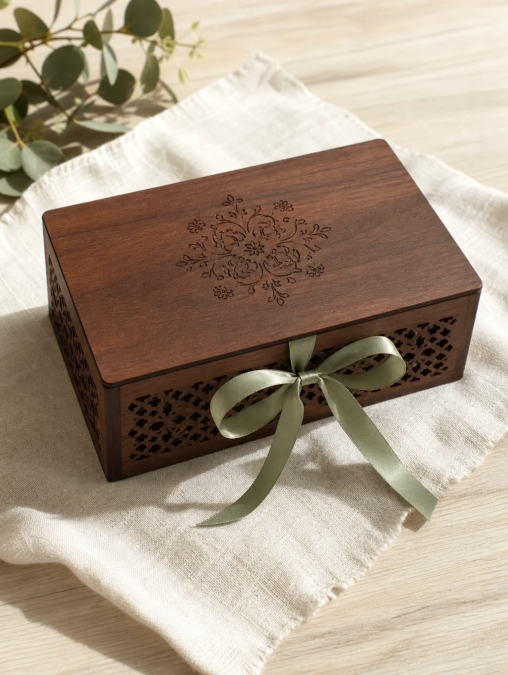 Custom laser-engraved logo on premium walnut wood surface